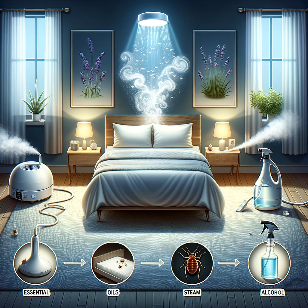 3 méthodes: les huiles essentiels, la vapeur et l'alcool pour traiter les punaises de lit sont représentées dans une chambre