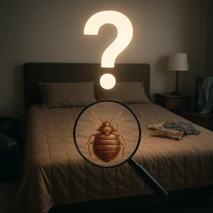 Punaise de lit cause, chambre avec lit infesté et point d'interrogation illustrant les causes possibles des punaises de lit.