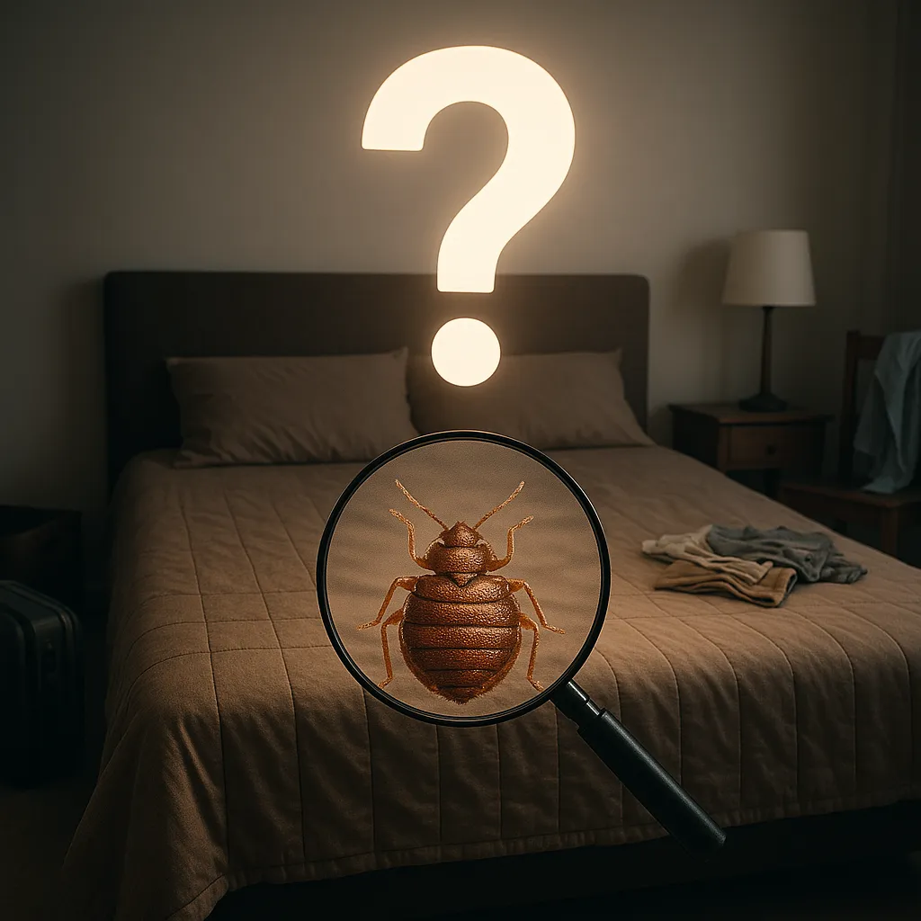Punaise de lit cause, chambre avec lit infesté et point d'interrogation illustrant les causes possibles des punaises de lit.