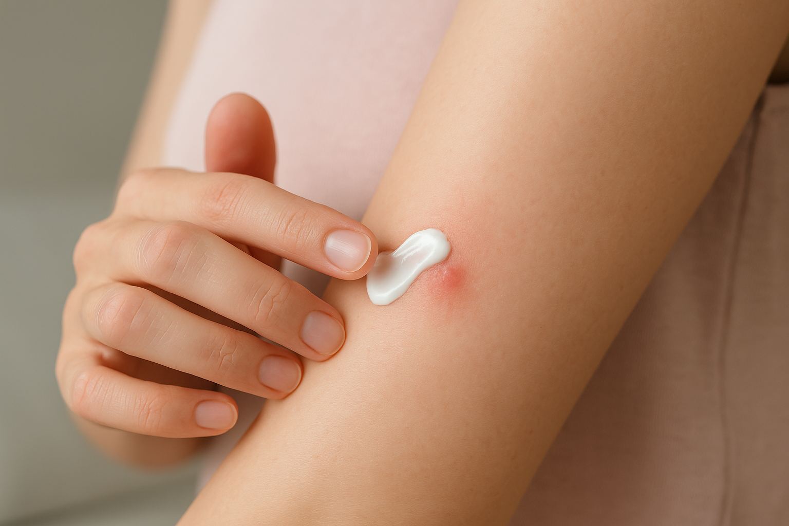 Application d'une crème apaisante sur une piqûre de punaise de lit sur le bras